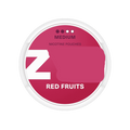 Pink nicotine pouch with "ZYN" branding and "Red Fruits" flavor, medium strength, for discreet vaping.