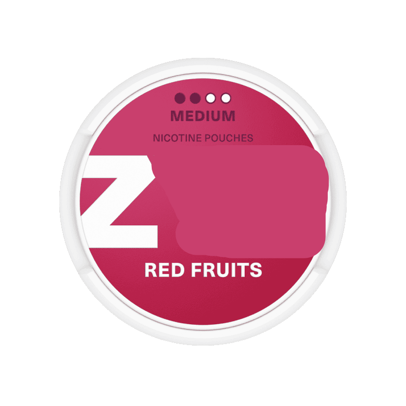 Pink nicotine pouch with "ZYN" branding and "Red Fruits" flavor, medium strength, for discreet vaping.